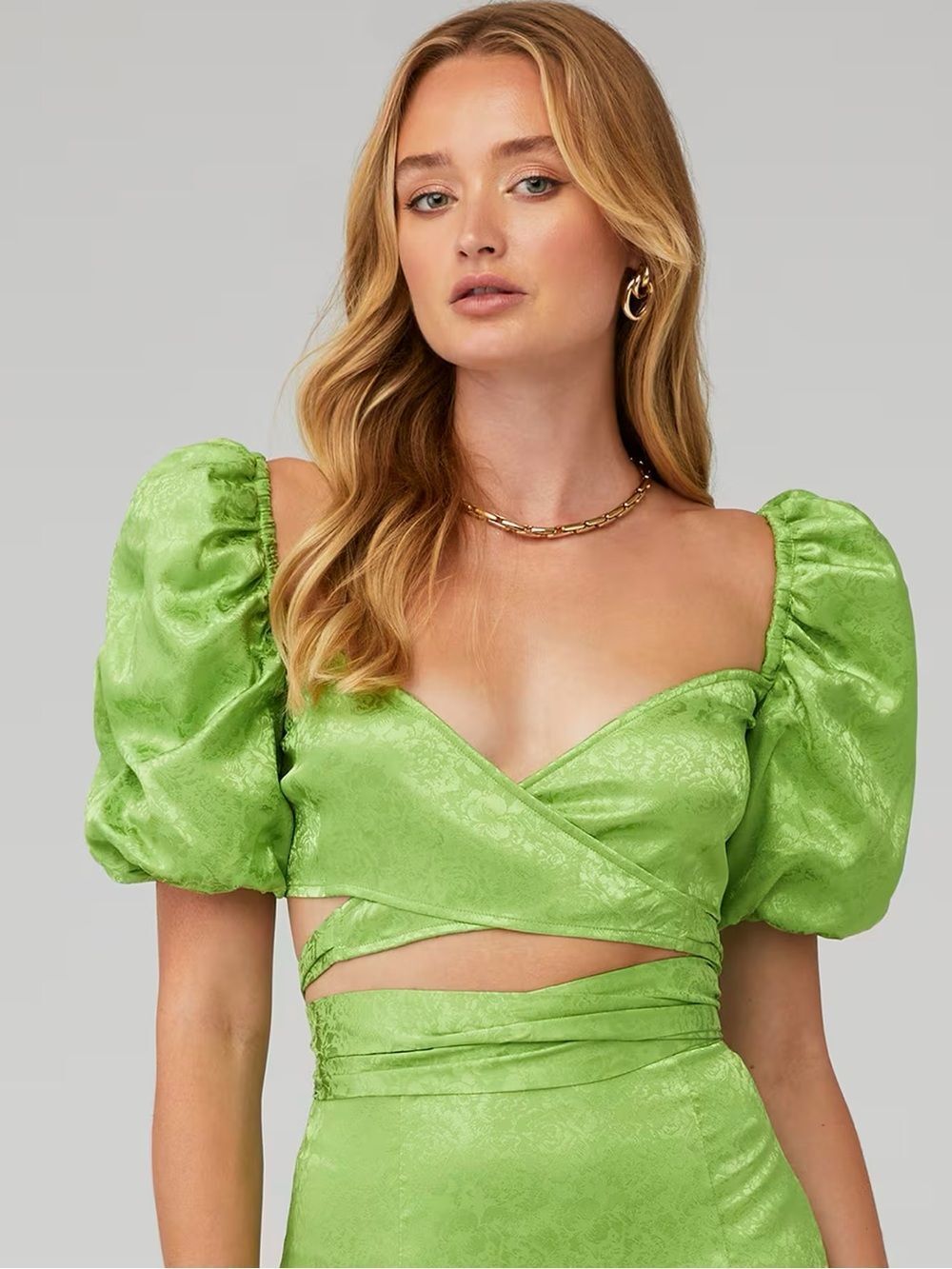 Ronny Kobo Women's Zano V-Neck Puff Sleeve Cropped Tie Back Top Size Large